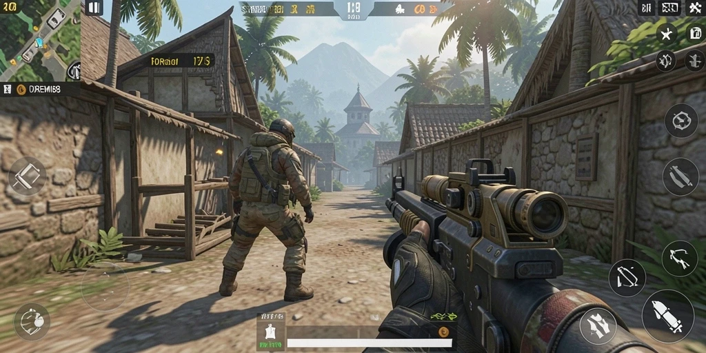 Screenshot DOREMI88 menampilkan aksi intens dalam gameplay TPS.